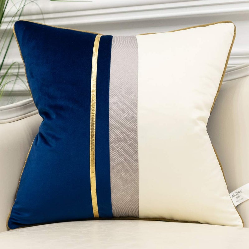 Avigers 18 x 18 Inches Navy Blue White Gold Leather Striped Patchwork Velvet Cushion Case Luxury Modern Throw Pillow Cover Decorative Pillow for Couch Living Room Bedroom Car - Image 1